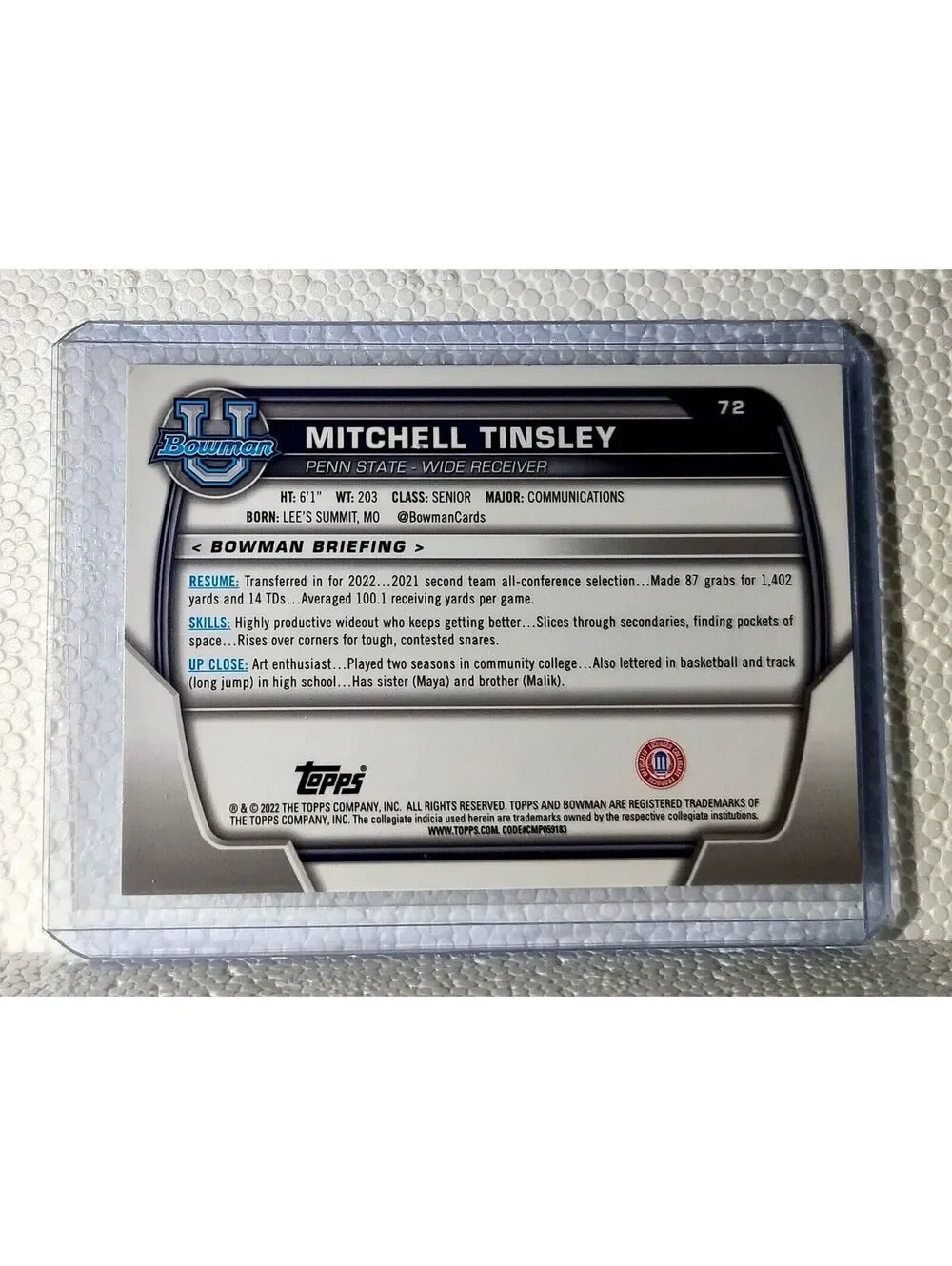 Mitchell Tinsley 2022 Topps 1st Bowman U Football #72 Card Penn State